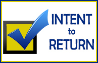 Black box with yellow background and a blue check mark with text stating "Intent to Return" in blue on white background