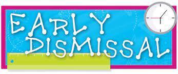 Text stating "Early Dimissal" in white on blue background with green ruler and clock in the corner