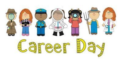 Seven different professionals dressed in their professional attire with text "Career Day" in yellow under the 7 people