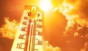 Sun shining with thermometer showing temperatures at 100 degrees.  Thermometer has Celsius side with 10, 20, 30, 40, 50 degree markings and Fahrenheit side with 60, 80, 100, 120 degree markings.markings 