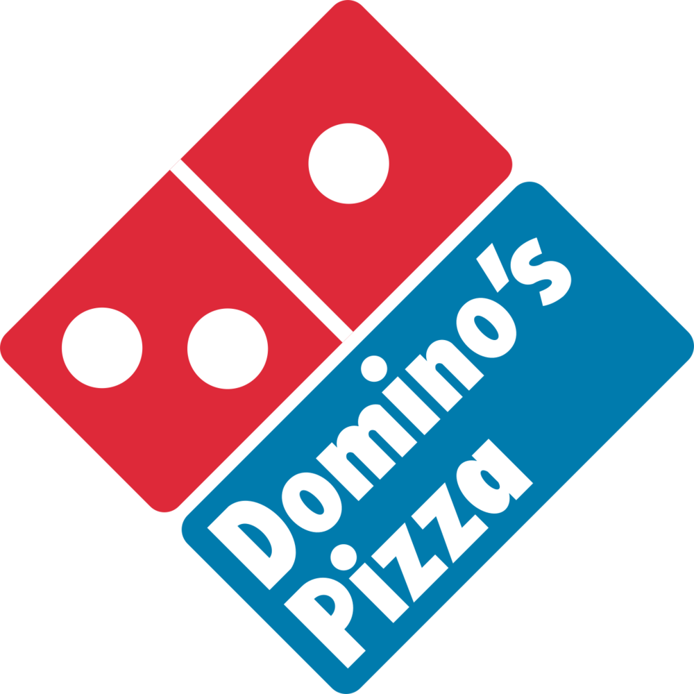Domino's Pizza Logo with Red Domino and white writing of Dominos's Pizza in Blue background