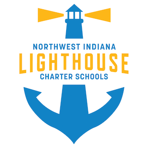 Logo with text "Northwest Indiana Lighthouse Charter Schools" in Blue and Gold with Lighthouse on top and anchor at the bottom