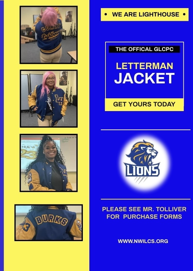 Girl scholars in lighthouse letterman jackets w/ yellow and royal blue background