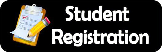 Text of "Student Registration" with clipboard with paper list and yellow pencil 
