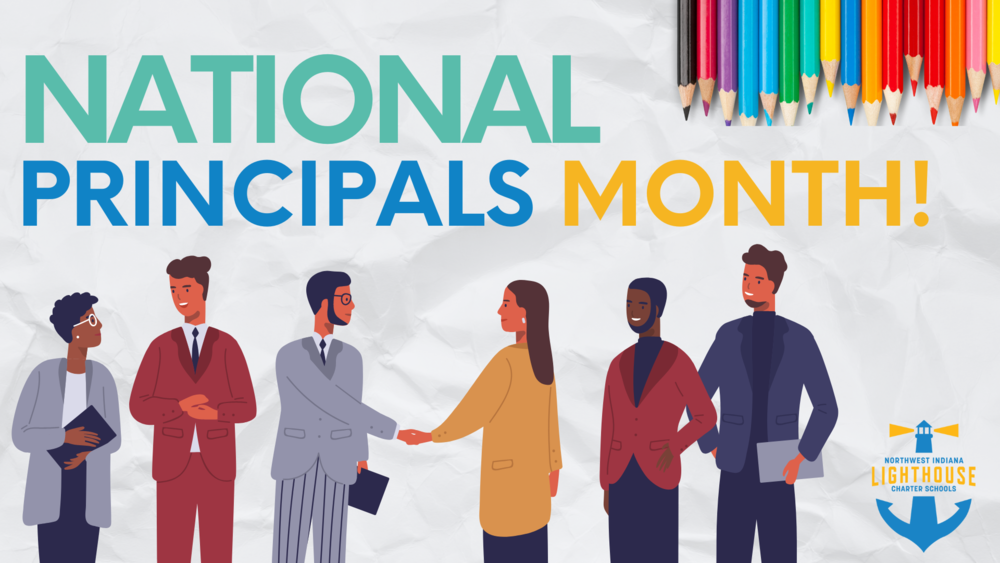 It says national principals month with a  picture of a diverse group of people on it.