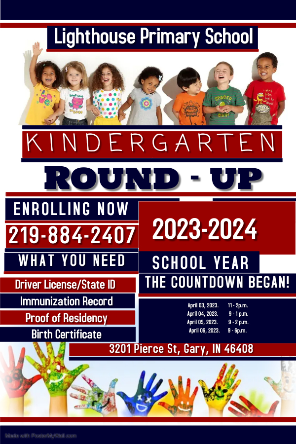 Kindergarten Round up dates and times with variety of students and colorful hands